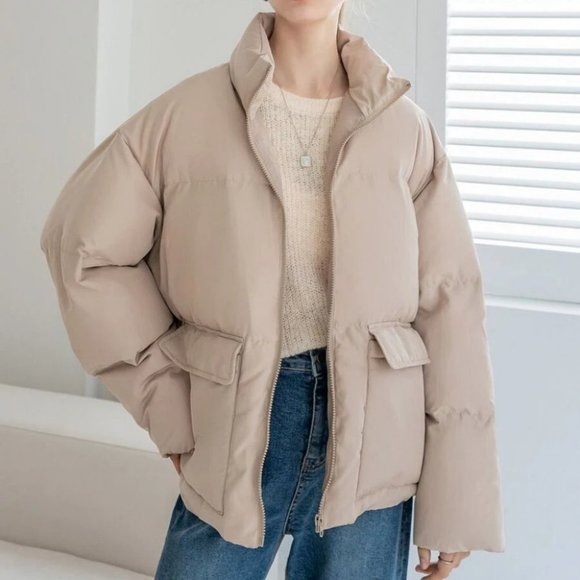 beige Zip up Drawstring Hem Flap Pocket Puffer Coat Comfy fall winter - Picture 8 of 8